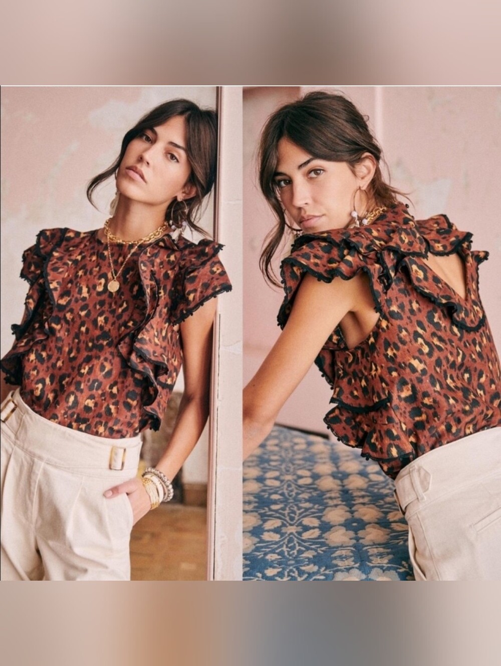Sezane Clarita Ruffled Leopard Print Sleeveless Blouse